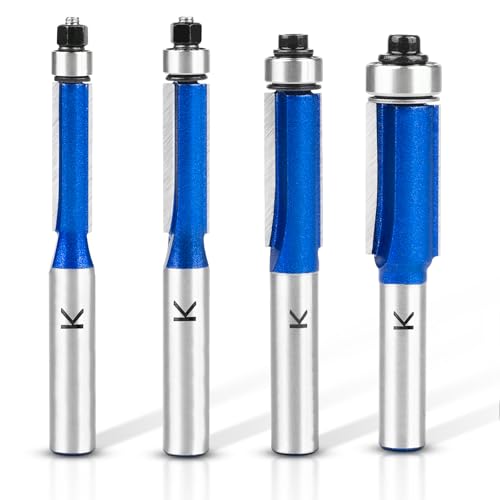 NICAVKIT Bündigfräser Set, 4 Stücke, Blauer Schaft, Fräser für Holz, Ø 6,35mm, Ø 8mm, Ø 9,5mm, Ø 12,7mm, Arbeitslänge 25 mm