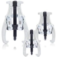 Drei Abzieherteile mit unterschiedlichen Größen (75, 100 und 150mm) für Kugellager, Schiebezahnräder, Schwungräder und Fahrzeugräder. Hochwertige Werkzeuge mit korrosionsbeständigen Beschichtungen.