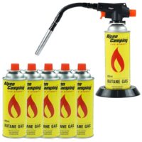 Gasbrenner für Löten und Grillen mit Piezozündung, flexibler Düsenkopf und 6 Isobutankartuschen