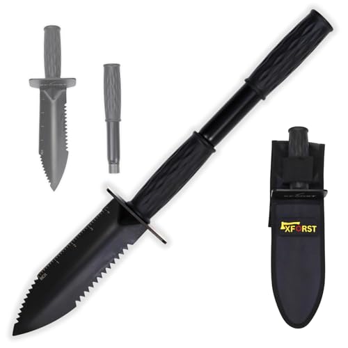 Xforst Grabungsmesser mit Verlängerungsfunktion, Hand Schaufel, Metalldetektor Zubehör, Digger Schaufel, Hori Hori. Mit Messskala und Gürtelbefestigung.