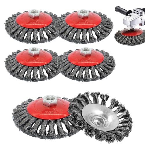 6 Stück Drahtbürste Winkelschleifer mit Ø125 mm Flex Topfbürste, M14 Stahlbürste und Kegelbürste für Oberflächenbearbeitung von Metall, Holz, Stein und Beton