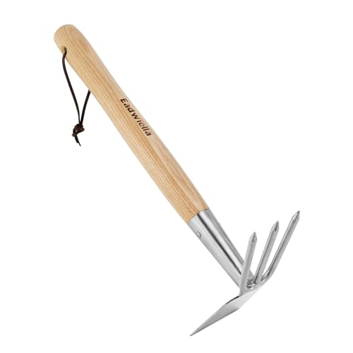 Eadwiella Gartenhacke aus Edelstahl, vielseitiges Werkzeug für jeden Gartenliebhaber, 3 Zinken und Platthacke zum Graben, Lockern und Jäten im Garten