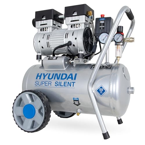 Hyundai Silent Kompressor SAC55752, 24L Kessel, 8bar, ölfrei, 0.75kW / 1.0PS, Ansaugleistung 125 L/Min, Öl-Wasserabscheider, 59dB Luftkompressor leise