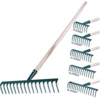 Gartengerät, Gartenrechen aus Metall mit Holzstiel, Laubbesen für Rasen und Beet, 16 Zinken, grün