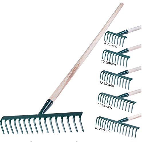 Gartengerät, Gartenrechen aus Metall mit Holzstiel, Laubbesen für Rasen und Beet, 16 Zinken, grün