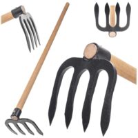 KADAX Kartoffelhacke mit 4 Zinken und langem Holzstiel, Gartenhacke aus geschmiedetem Stahl für Gartenarbeit