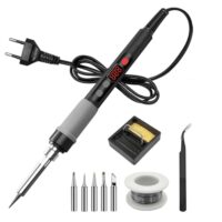 Lötkolben Set mit Temperatur Einstellung, Lötstation 180-520°C, Regelbar und EIN/AUS-Schalter, 5 Lötspitzen, Lötkolbenständer, Lötzinn und Pinzette für Elektrische Arbeiten Reparaturen