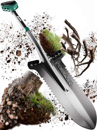 RASENKÖNIG Spaten mit Wurzelsäge Pro, Massivstahl, 20 Sägezähne, ergonomischer Griff, breite Trittkante, stabiles Werkzeug für Gartenarbeit
