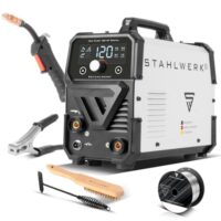 STAHLWERK Schweißgerät Mini FLUX 120 ST Digital, Fülldrahtschweißen ohne Schutzgas bis 120 A, kompakt mit synergischem Drahtvorschub und LED-Licht, Lift-TIG- und MMA/E-Hand-Funktion