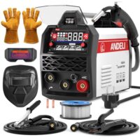 Kompaktes Schweißgerät mit Fülldraht MIG/MAG, 230V Komplett-Set inkl. Helm & Handschuhe, LED-Anzeige und Synergie für TIG und E-Hand