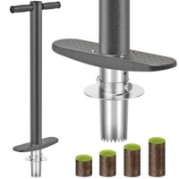 Multifunktionales Gartenwerkzeug für das Pflanzen von Blumen und Zwiebelpflanzen, scharfe Verzahnung für verschieden Bodentypen und einstellbare Tiefe von 7.6-15 cm.