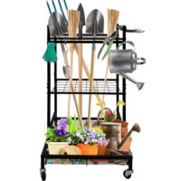 EVGTTI Gartenwerkzeug-Organizer mit Rollen, Kohlenstoffstahl Aufbewahrungsregal für Gartengeräte, Mehrzweck Gartengerätehalter für Garage, Werkstatt und Schuppen