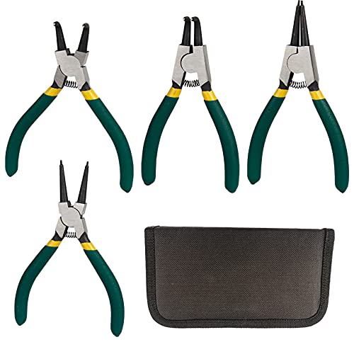 Gobesty Sprengringzangen Set, 4 Stück 125mm Sprengringzange Rutschhemmend Sicherungsringzange mit Taschen, Grün Gebogen/Gerade Seegeringzange Innen/Außen