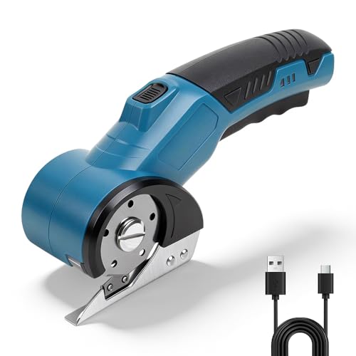 Elektro-Kartonschneider mit LED-Licht und Ersatzklinge, Akku Schere für Pappe, Teppich, Stoff und Kunststoff