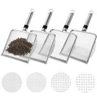 Vier Edelstahlsiebe mit verschiedenen Maschenweiten und einem ergonomischen Griff für den Gartenbedarf, ideal für Kompost, Erde, Steine, Katzenstreu und mehr