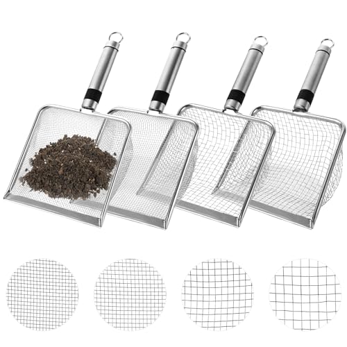 Vier Edelstahlsiebe mit verschiedenen Maschenweiten und einem ergonomischen Griff für den Gartenbedarf, ideal für Kompost, Erde, Steine, Katzenstreu und mehr