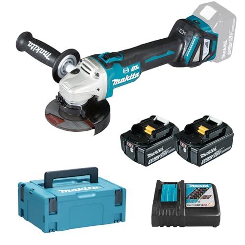 Makita DGA513RTJ Akku-Winkelschleifer 18 V, 5,0 Ah mit zwei Akkus und Ladegerät. Leistungsstarker Winkelschleifer für Heimwerker-Aufgaben.
