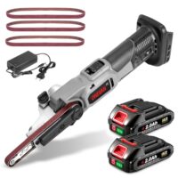 Elektrische Bandfeile mit 2 2000mAh Akkus, 6 Geschwindigkeiten, 35° Einstellbare, Schleifmaschine inkl. 3 Schleifbändern