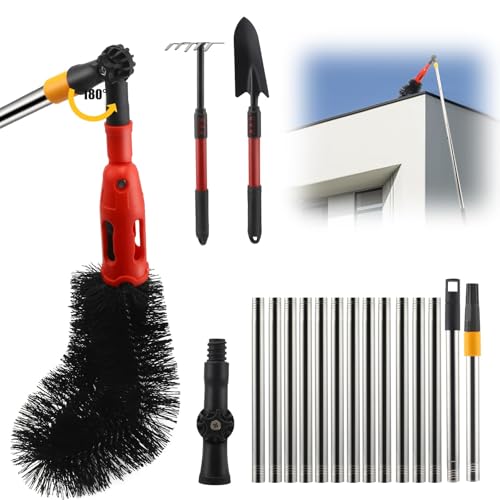 Dachrinnenreiniger mit Teleskopstiel, 2-in-1 Regenrinne Reiniger für Innen- und Außenbereich, effektiver Werkzeug für Dachreinigung, Korrosionsbeständige Edelstahlteile, verstellbare Bürste bis 400 cm