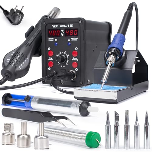 2-in-1-Hot-Air-Lötkolben-Station mit bleifreiem Lötdraht, 5 Lötspitzen und Heißluftdüsen für Rework und Desolderen