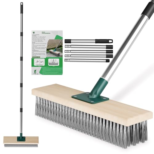 Drahtbesen zur Moosentfernung mit Stiel, Stahlbesen zum Entfernen von Moss und Unkraut auf Terrasse, Garten oder Deck