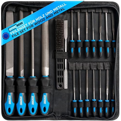 EffektWerk Feilenset mit 21 verschiedenen Werkzeugen für verschiedene Anwendungsmöglichkeiten, inklusive Rund, Halbrund, Dreieckig und Flachfeilen sowie einer Drahtbürste, Raspel und Aufbewahrungstasche.