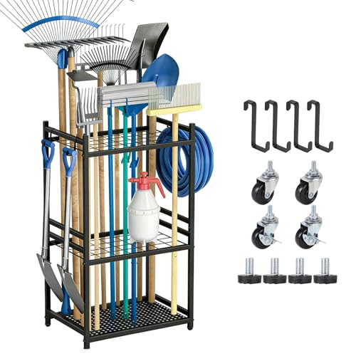 Gartengerätehalter mit Rollen, Metall Gartenwerkzeug Organizer für Besen, Schaufeln und Rechen