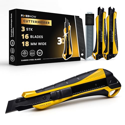 Cuttermesser Set 3 x von FixedNow, 3 Messer mit einer Schärfe von 18mm aus japanischem Carbonstahl, inkl. 16 Ersatzklingen für Tapetenmesser, Teppichmesser und Utility Knife