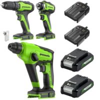 Greenworks 24V Akkutool-Set mit Akkuschrauber, Akku-Schlagschrauber und Bohrhammer inkl. zwei Akkus und Ladegerät