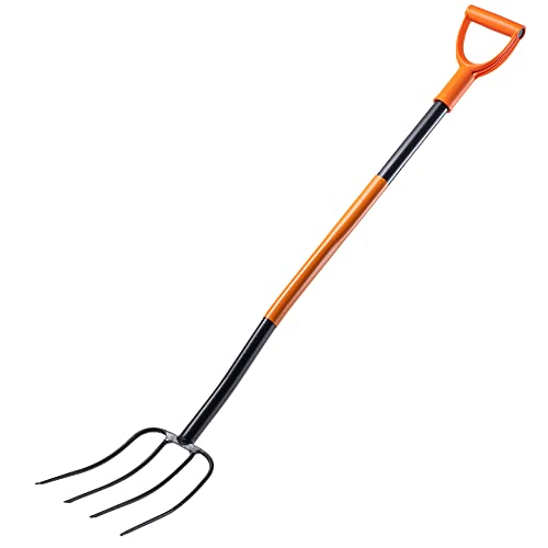 Ergonomische Gartenforke mit langem Stiel und D-Griff aus Stahl, ideal für Gartenarbeit und Kompost umgraben, Mistgabel mit 4 Zinken und schwarz/orange Farbe.