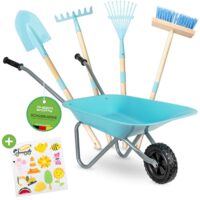 Vielseitiges Set für Kinder: Schubkarre, Schaufel, Kinderbesen, Kinderrechen und Laubrechen mit Wetterfesten Sticker - Für Garten & Strand
