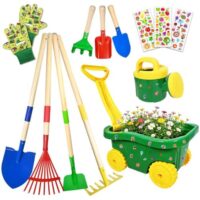 Schubkarre für Kinder, 13-teiliges Gartenwerkzeug Set mit Schaufel, Rechen und Gießkanne, kindersicher und farbig