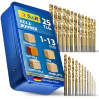Vielseitiges 25-teiliges HSS-G Holzbohrer-Set mit Titan-Nitrit-Beschichtung für Weichholz, Sperrholz und MDF-Platten - Präzises Bohren mit Zentrierspitze und Bohrdurchmessern von 1-13 mm