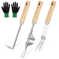 Unkraut Entferner Gerät aus Edelstahl für Gartenarbeit, 4 Stück, mit Gezackter Kante und Holzgriff