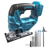 Akku Stichsäge für Makita 18 V, 800 W bürstenlose elektrische Exzenterstichsäge mit LED-Licht und 5 variablen Geschwindigkeiten sowie einem ±45° Gehrungsschnittwinkel. Die Säge besitzt 6 T-Schaft-Sägeblätter, die ohne Akku gewechselt werden können.