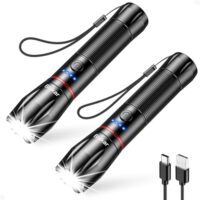 Zwei Blukar LED Taschenlampen mit 5 Lichtmodi und langer Betriebsdauer, ideal für Camping, Wandern, Angeln und Notfälle.