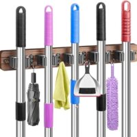 Besenhalter Wandhalterung mit 5 Haltern und 4 Haken, Gartengerätehalter für Garten Garage, Holz Gerätehalterung zur Organisation von Reinigungswerkzeugen