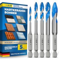 Professionelles Keramikbohrer Set mit 5 Bohrern in verschiedenen Größen für Feinsteinzeug, Keramik, Hartkeramik und Glas. Hochwertige Metall-Bohrer mit Anti-Slip-Geometrie und Hartmetallspitze.