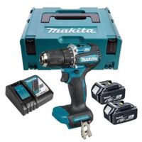 Zwei Makita 18 V Batterien und ein Werkzeug, ideal für Heimwerker und Profis, leistungsstark und zuverlässig.