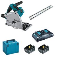Makita DSP600 PT2J1 Akku Tauchsäge Set mit 2 x 5,0 Ah Batterien und Doppellader