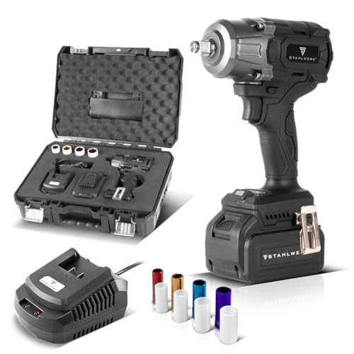 STAHLWERK Akku-Schlagschrauber (ADS-880 ST) - 20 V, 880 Nm, ½“ Zoll Aufnahme, 4 Schonnüsse 17-22 mm, löst festgerostete Radmuttern im KFZ und schwerste Verschraubungen im Stahlbau