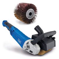 Scheppach Satiniermaschine MRS1300 mit Softstart und 1300 W Leistung. Die Maschine ist mit einer Messingdrahtbürste und Schleifstreifenbürste ausgestattet. Sie hat eine variable Drehzahl von bis zu 3200 min-1 und einen Anschluss für Absauganlage.