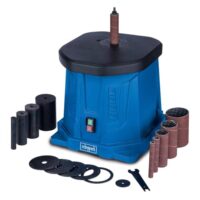Scheppach Oszillierender Spindelschleifer OSM100 Spindelschleifmaschine mit 6 Schleifhülsen, Walzen und Tisch einlagen. Leistung: 450W, Hub: 16mm, Spindel-Ø: 12,7mm, Schleifhöhe: 98mm, Tisch: 320x300mm.