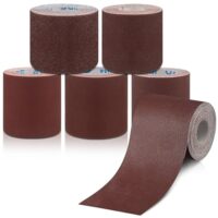 Schleifpapierrollen Set mit 5 Rollen, unterschiedlichen Korngrößen und Materialien wie Holz, Metall und Edelstahl für professionelle und hobbyistische Anwendungen