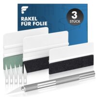 Professionelles Rakel Set für das Anbringen von Fensterfolie und Autofolien, enthält 3 hochwertige Rakeln, 1 Präzisionsschneider und 5 Ersatzklingen