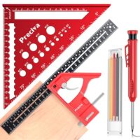 Das Zimmermannswinkel Set von Preciva ist ein multifunktionales Kombinationswinkel-Set mit einem 180mm Dreieckslineal (Rot) und einer 300mm Streichmaß (Schwarz mit Rot). Es ist perfekt für verschiedene Arten von DIY-Projekten, wie Holzarbeiten und Heimarbeit geeignet.
