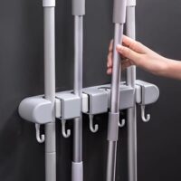 Besen- und Wischmopp-Halter, Wandhalterung mit 4 Regalen und 5 Haken, Organizer für Garage, Waschküche und Hauswirtschaftsschrank, Werkzeugaufhänger, Grau