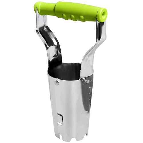 Gartenzwiebel-Pflanzwerkzeug aus Edelstahl mit Tiefenmarkierung und Bodenfreigabegriff zum Pflanzen von Blumenzwiebeln - hochwertiges Werkzeug für Gartenarbeit