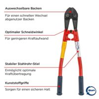 Bolzenschneider in 750 mm mit auswechselbaren Backen und Kunststoffgriff für Metallbearbeitung