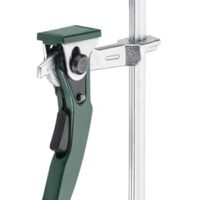 Metabo Senkrecht-Schnellspannzwinge für Multifunktionstische mit 20-mm-Lochung, 155 mm Spannweite, 70 mm Ausladung und 1700 N Spannkraft. Schnelle Fixierung dank Rasterspannhebel.